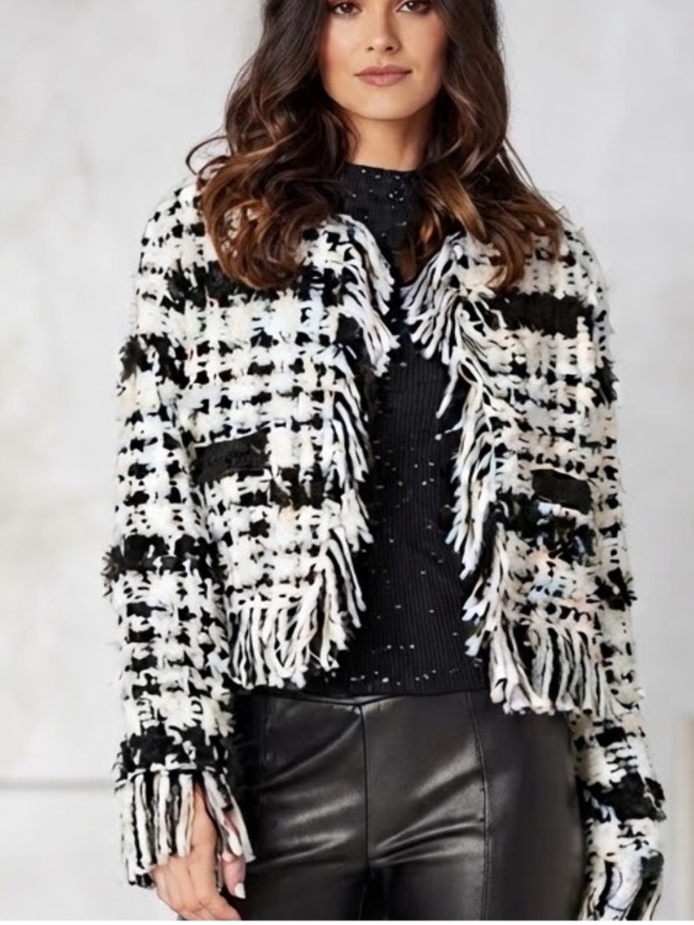 NWT Adrienne Landau Black and White Fringe Tweed Jacket